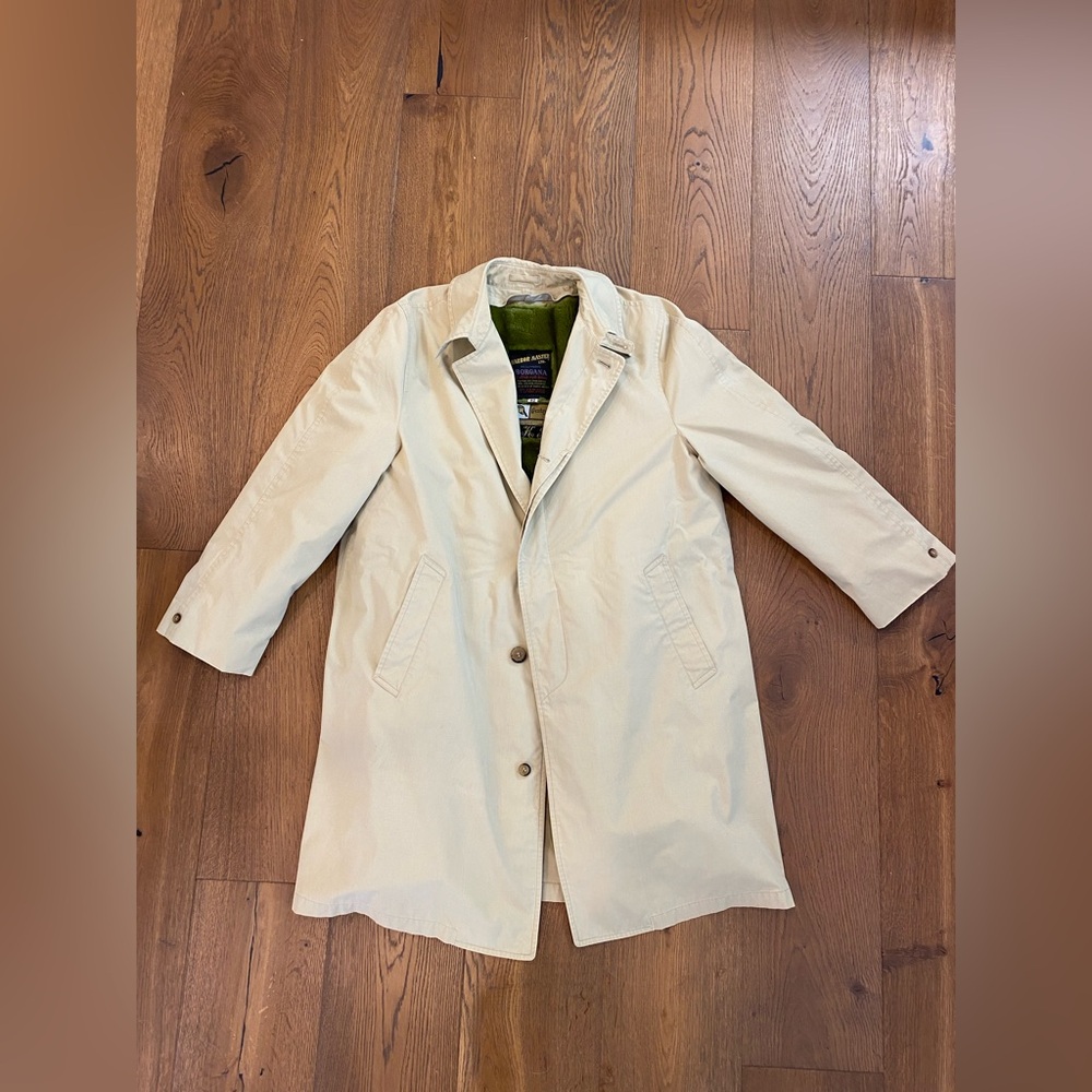 Unisex vintage Harbor Master Ltd. Trench Coat with Green faux fur zip lining
